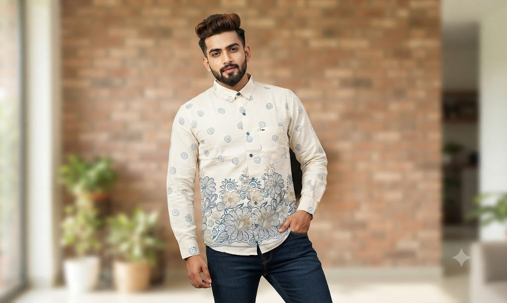 Men's Off-White Cotton Floral Printed Slim Fit Full Sleeve Casual Shirt