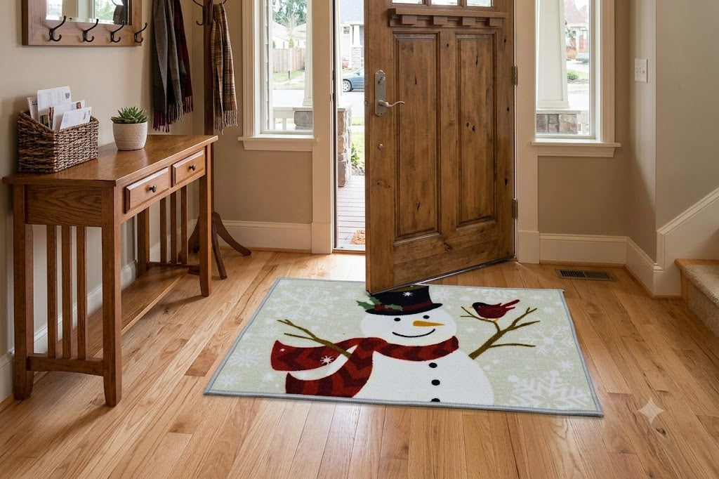 Winter Snowman & Cardinal Floor Mat – 70 x 40 cm | Christmas & Seasonal Home Décor Mat