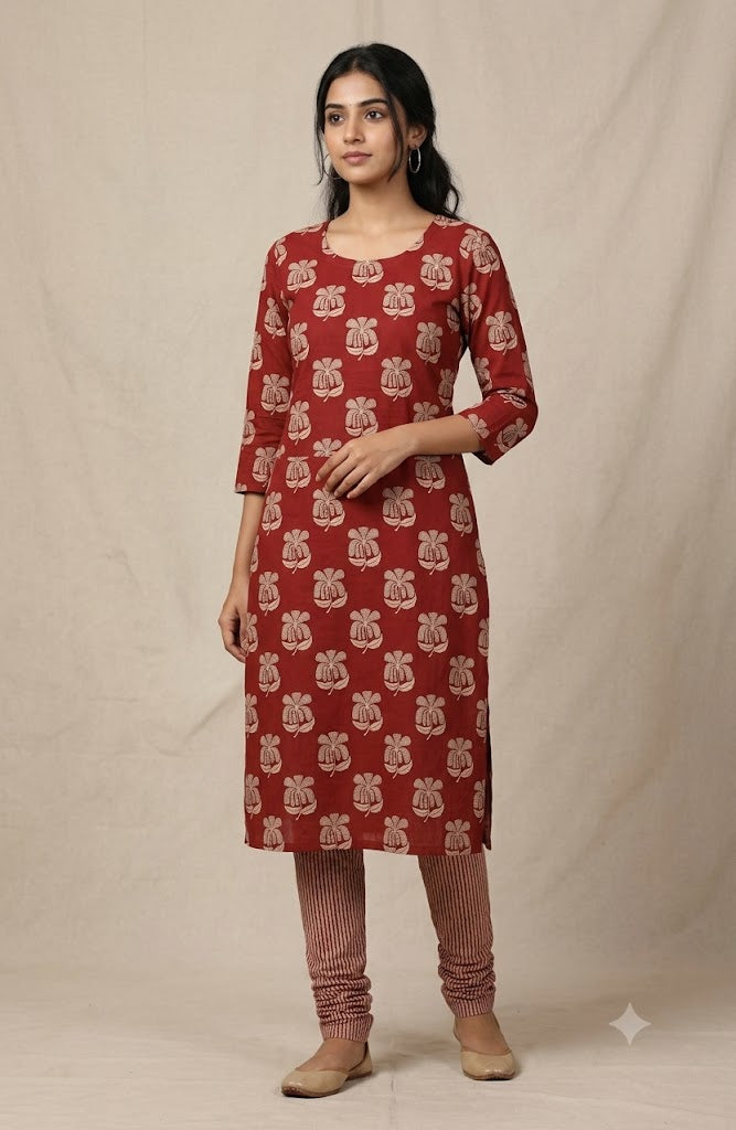 Soft Cotton Red Floral Print Dress Material Set with Striped Bottom – 44" Width