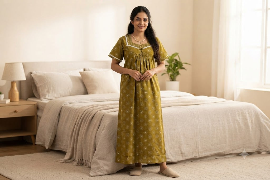Women’s Full Length Cotton Nighty – Printed Comfort Nightdress | Size L