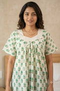 Women's Green Floral Print Cotton Nighty – Full Length (Size M)