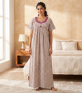 Women's Pink Floral Print Cotton Nighty – Full Length (Size M)