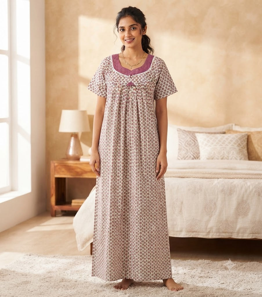 Women's Pink Floral Print Cotton Nighty – Full Length (Size M)