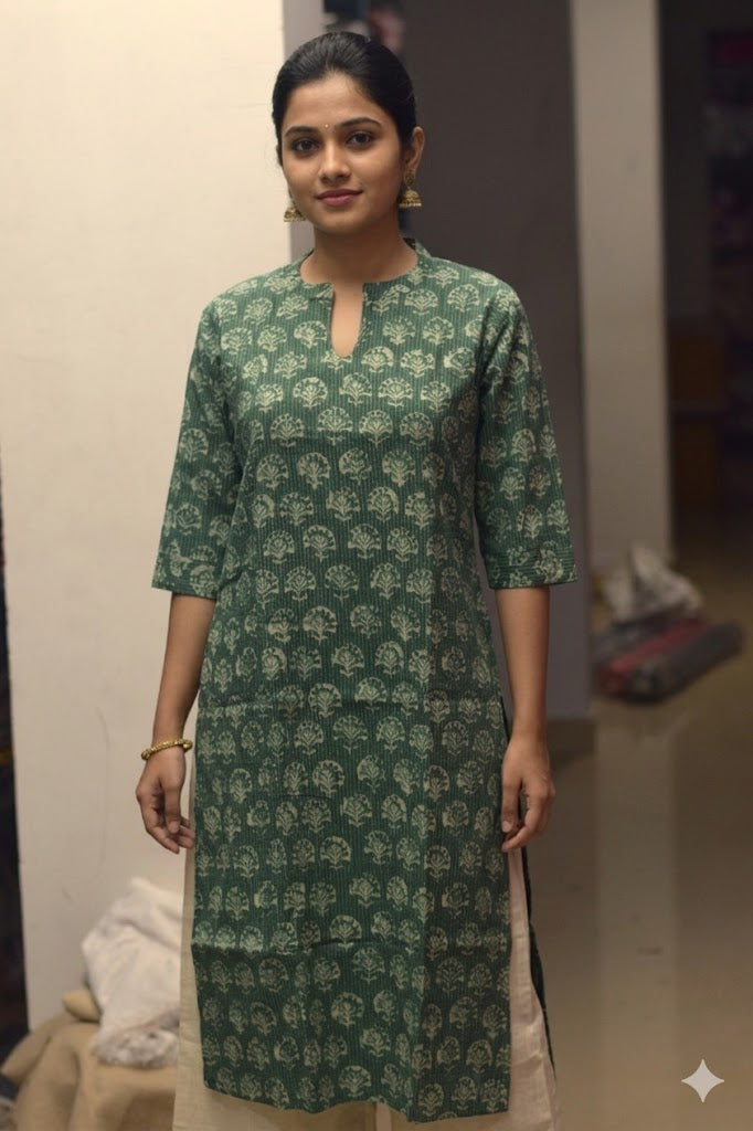 Women’s Green Printed Churidar Kurti Top – M Size | Elegant Everyday Wear