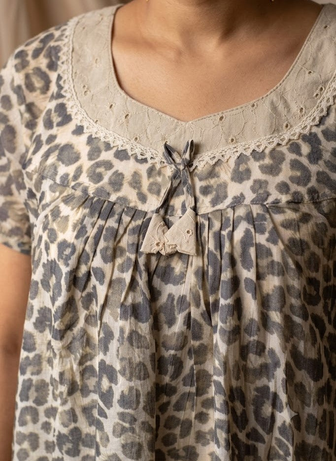 Women's Full Length Cotton Nighty – Grey Leopard Print with Lace Neckline | Soft & Comfortable Sleepwear