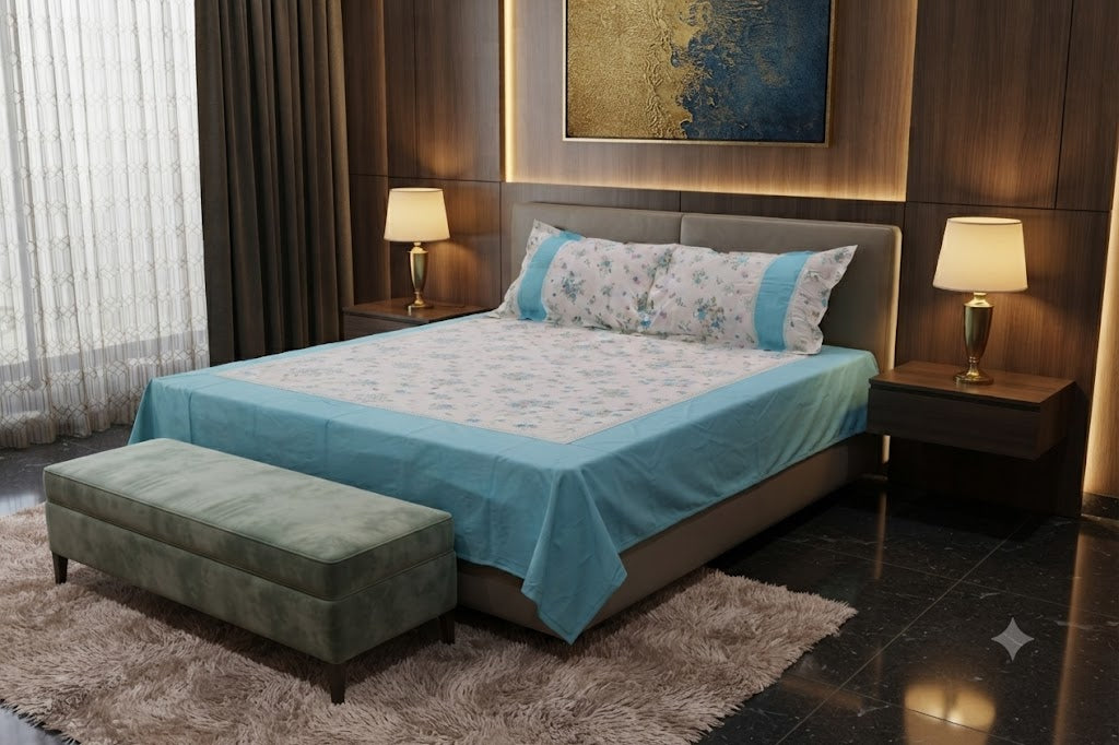 King Size Floral Bedspread Set with Sky Blue Accents and Matching – Nushio by Pulpel