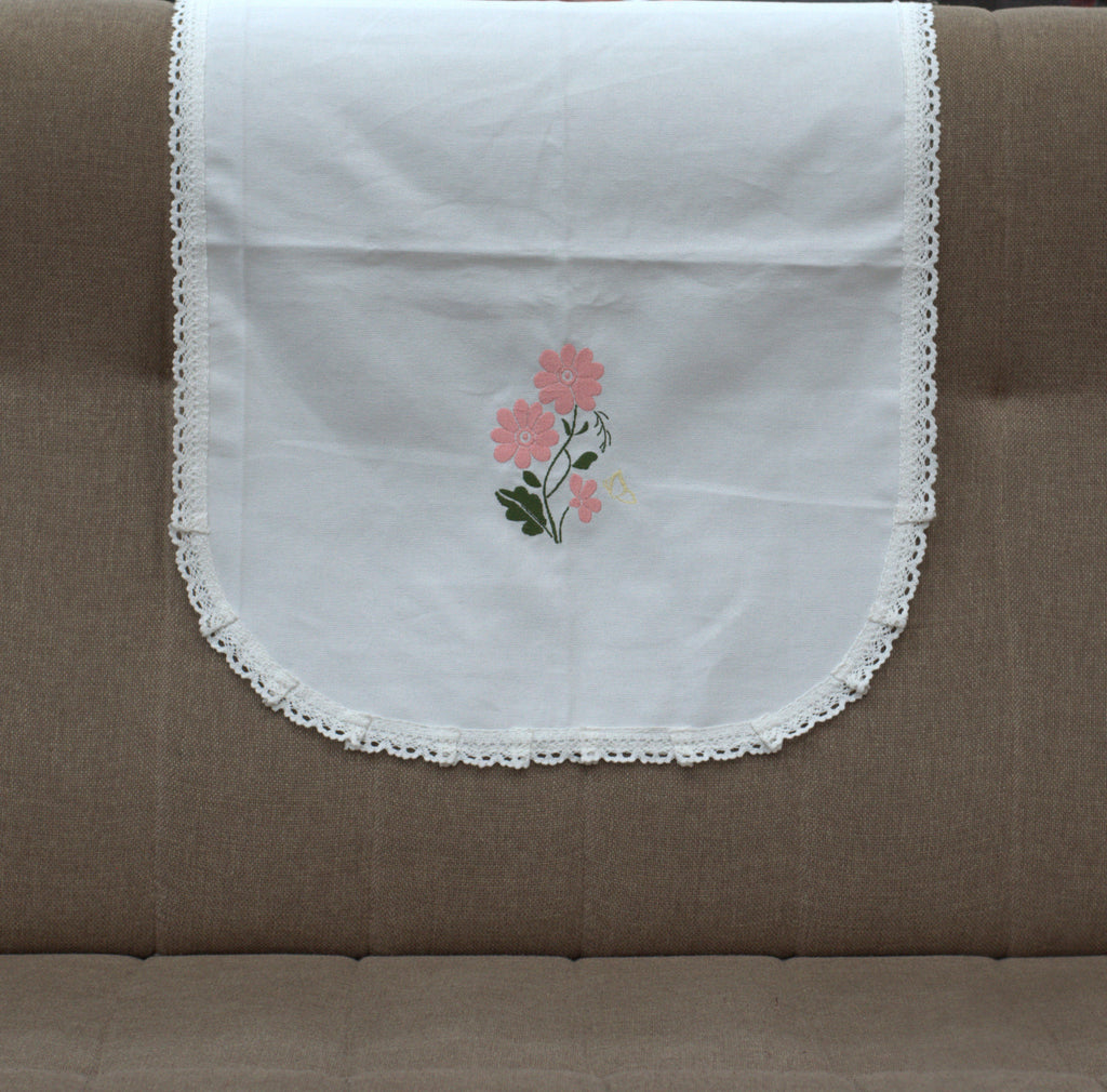 White Floral Embroidered Chair Back Cover Set