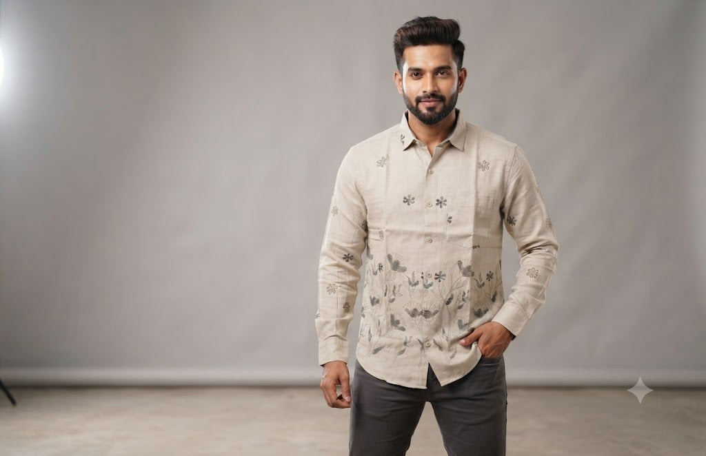 Men's Light Beige Cotton Floral Printed Full Sleeve Casual Shirt