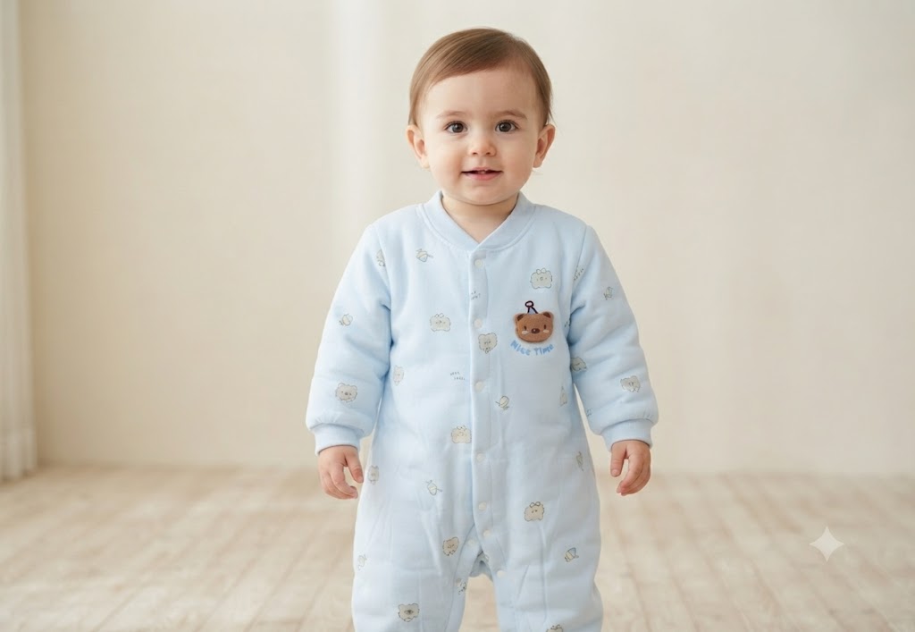Imported Baby Winter Swaddle Romper with Button Closure – Light Baby Blue | Soft & Warm | 12–18 Months