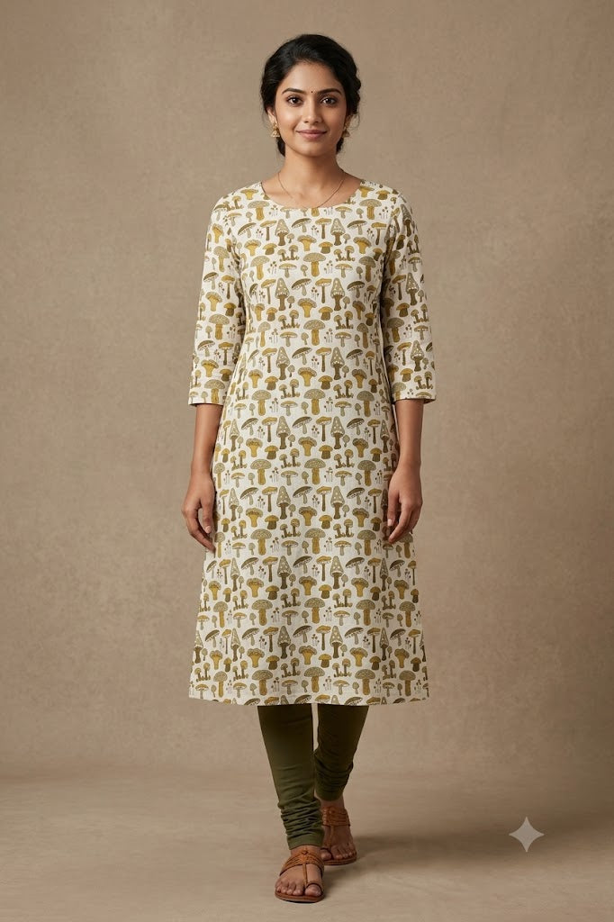 Soft Cotton Mushroom Print Dress Material Top Fabric – White & Olive Green | 2.5 Meter | 44" Width