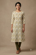 Soft Cotton Mushroom Print Dress Material Top Fabric – White & Olive Green | 2.5 Meter | 44" Width