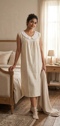 Women's Cotton Knee Length Nighty with Embroidered Peter Pan Collar | 46" Length | Sleeveless Home Wear