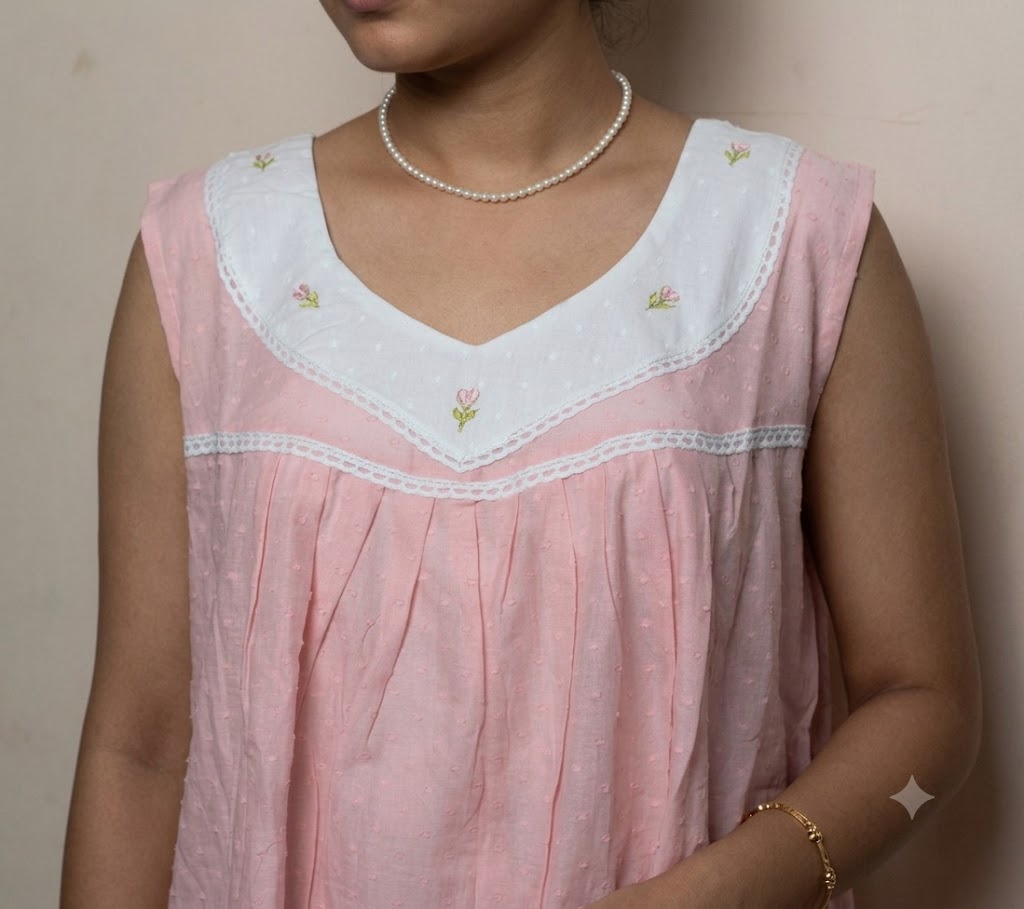 Women's Soft Cotton Knee Length Nighty – Pink Embroidered Sleeveless Night Dress