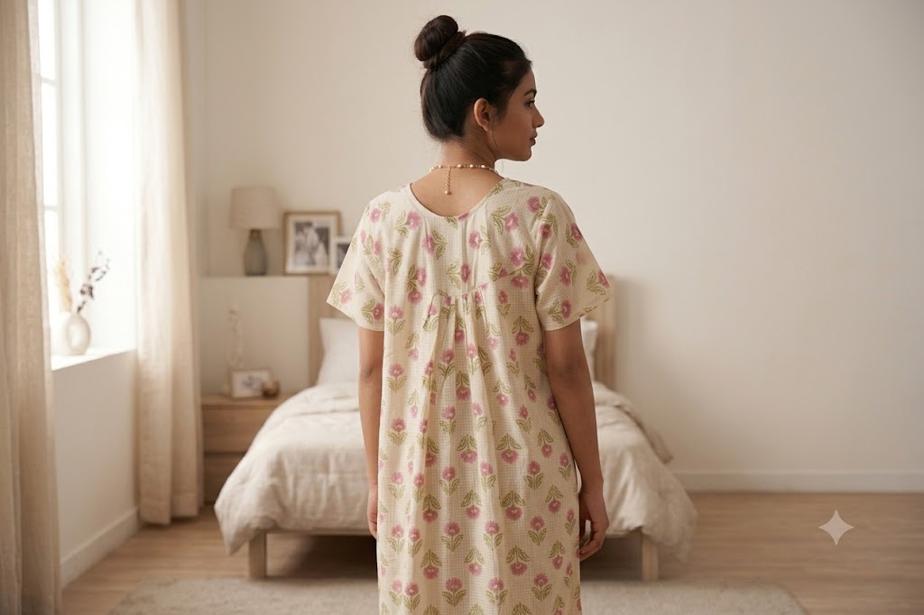Women’s Full Length Cotton Nighty – Pink Floral Print with Hakoba Lace Neckline