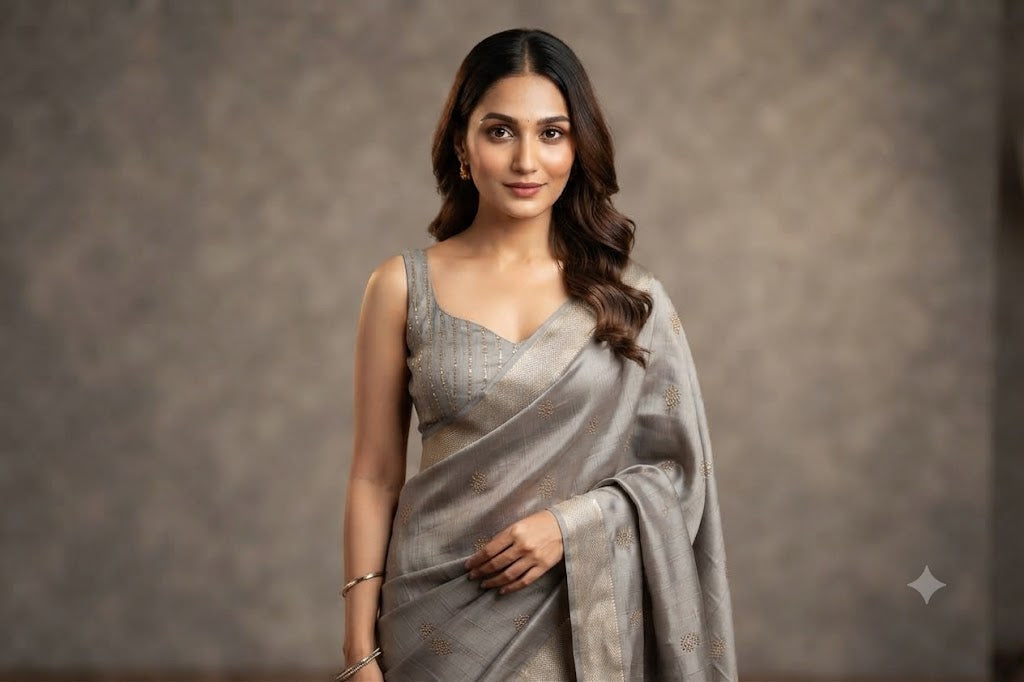 Silver Grey Semi-Silk Padded Readymade Saree Blouse with Gold Sequin Strips & Dori Tie-Up (Sleeve Material Included)