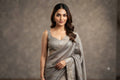 Silver Grey Semi-Silk Padded Readymade Saree Blouse with Gold Sequin Strips & Dori Tie-Up (Sleeve Material Included)