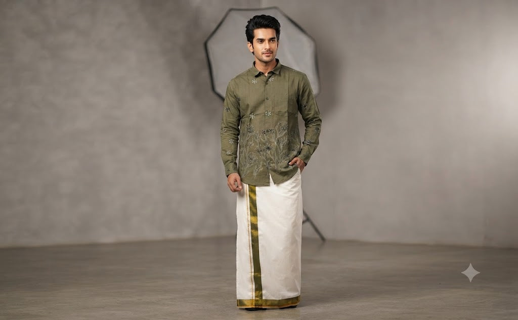 Men's Olive Green Cotton Floral Printed Full Sleeve Casual Shirt