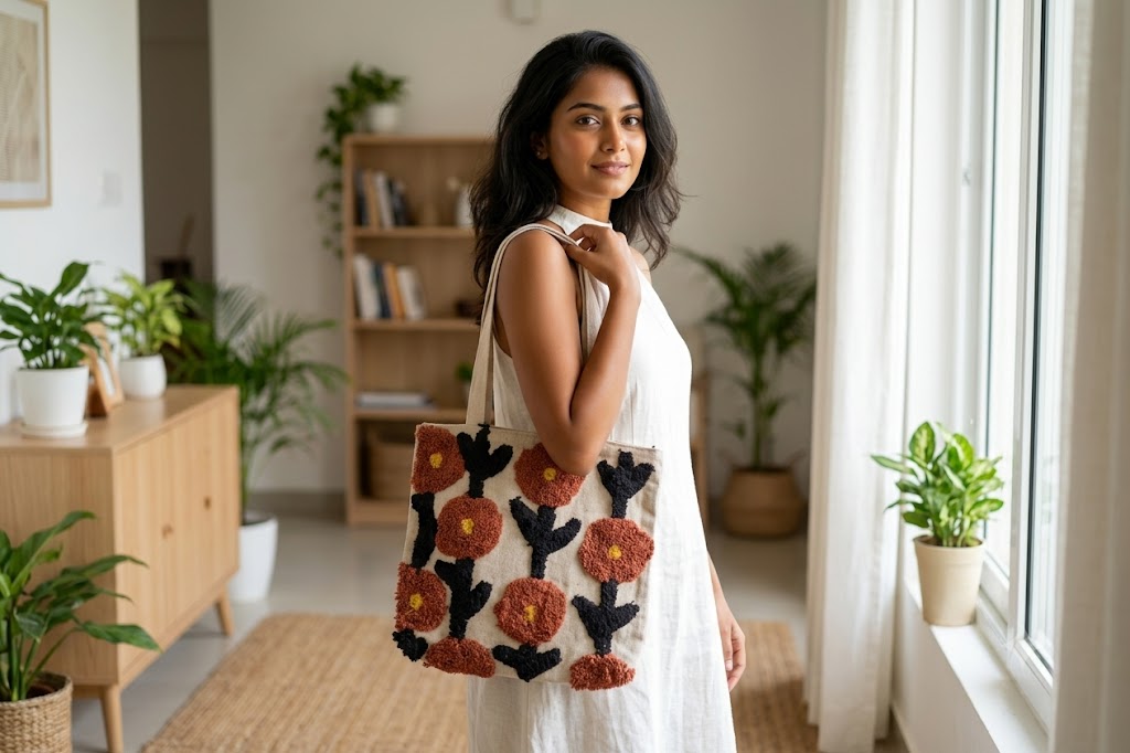 Tufted Floral Canvas Tote Bag – Off-White with Rust & Black Pattern