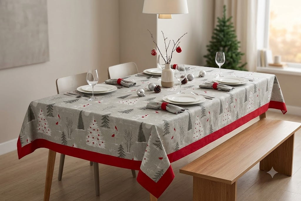 Enchanted Winter Forest 6-Seater Tablecloth with Red Border