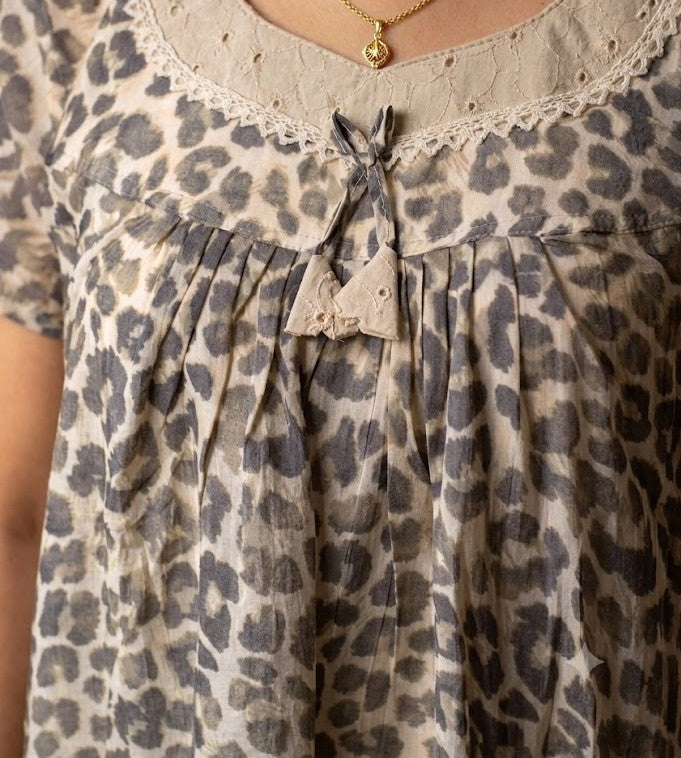 Women's Full Length Cotton Nighty – Grey Leopard Print with Lace Neckline | Soft & Comfortable Sleepwear