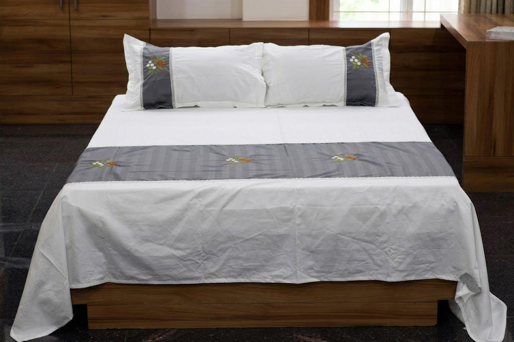 King Size Satin Finish Cotton Bedspread with Embroidered Floral Panel & 2 Pillow Covers | White & Grey | 100 x 112 Inches