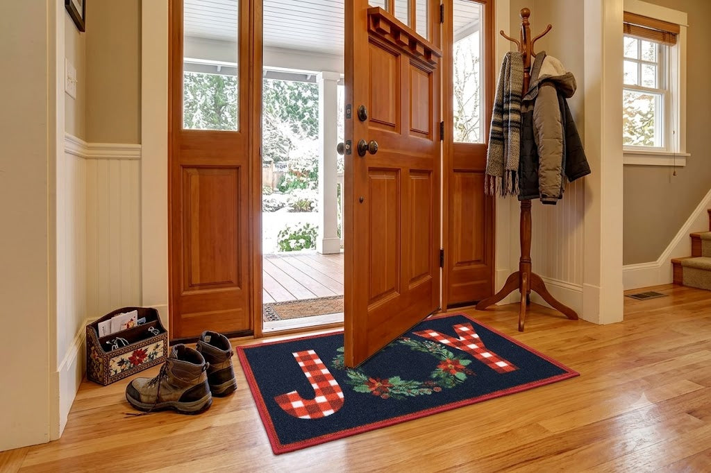 Merry Christmas Joy Floor Mat with Wreath – 70 x 40 cm | Festive Holiday Home Décor Mat