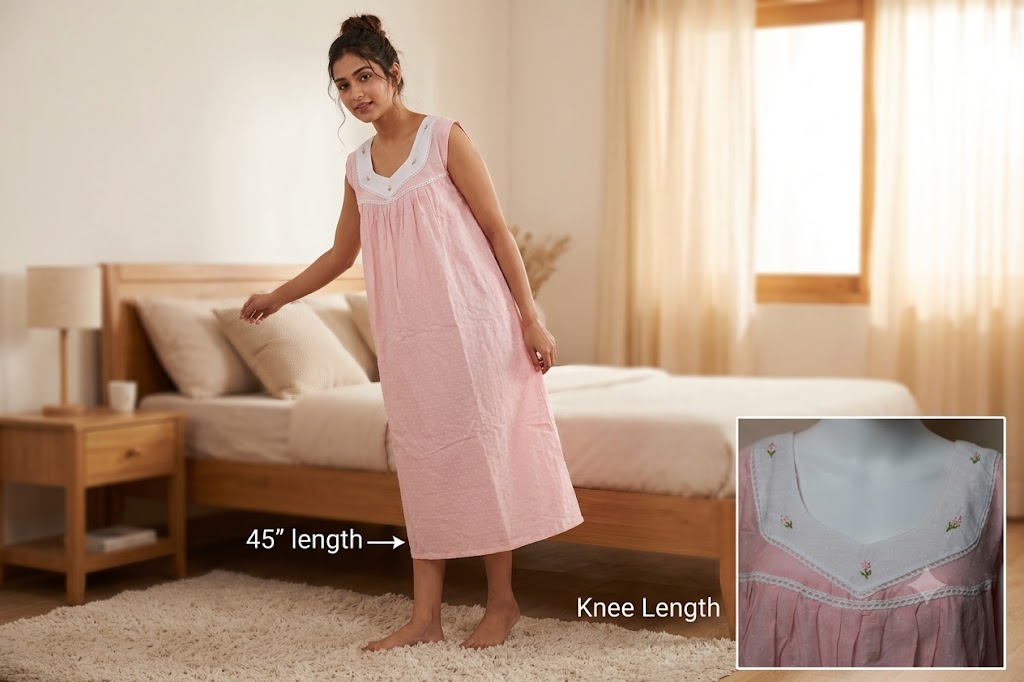 Women's Cotton Knee Length Nighty with Embroidered Yoke & Lace Trim – 46" Length | Pink