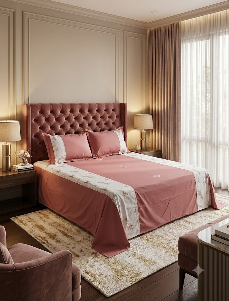 Premium Dusty Rose Floral King Size Bedspread Set with Lace Border – Nushio by Pulpel