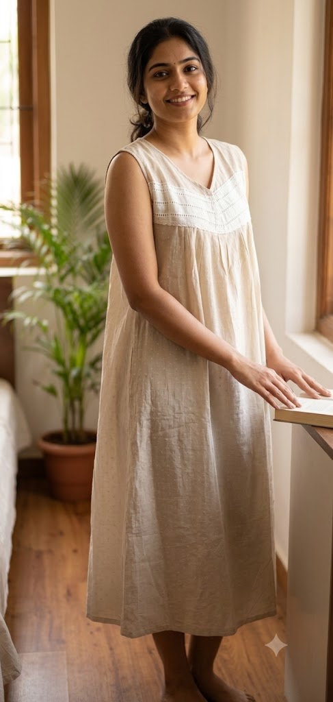 Women's Beige Cotton Knee Length Nighty with White Lace Yoke | Soft Sleeveless Night Dress (48")