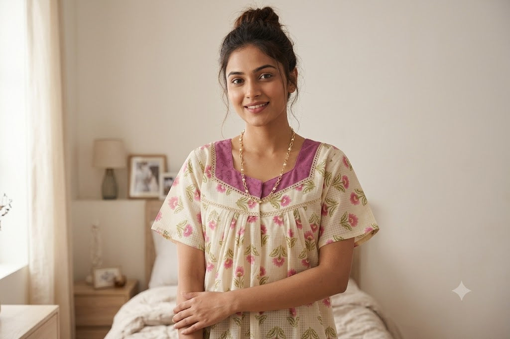 Women’s Full Length Cotton Nighty – Pink Floral Print with Hakoba Lace Neckline