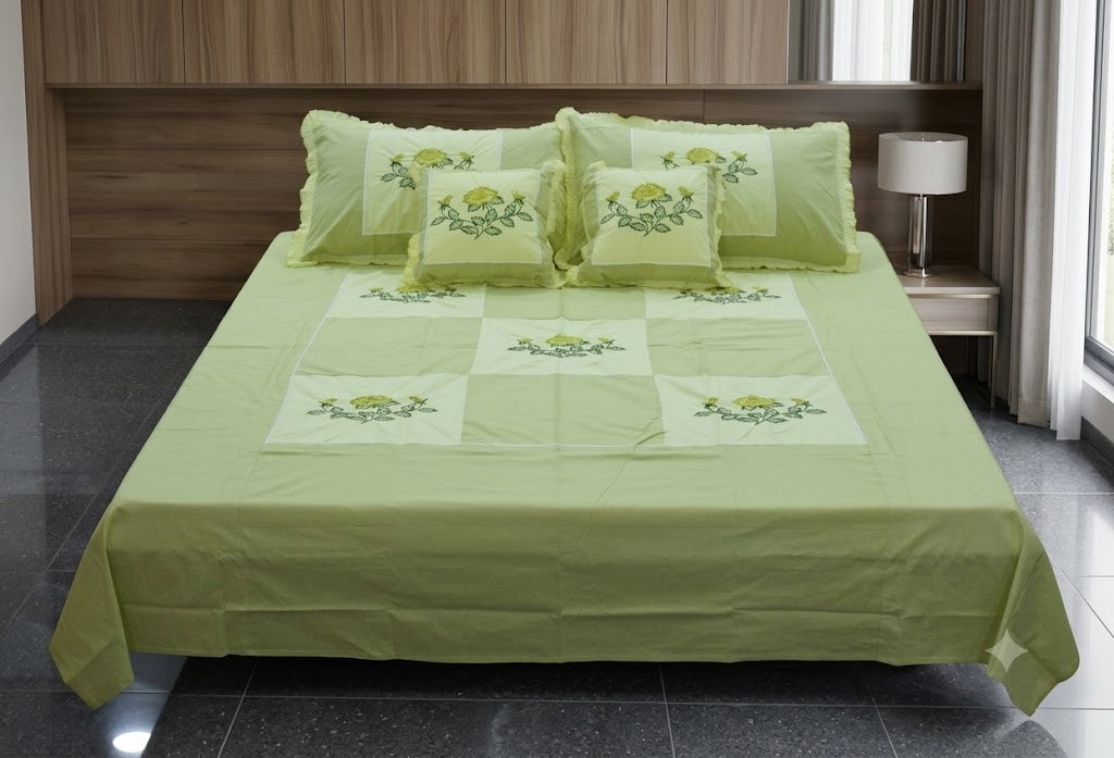 Queen Size Light Green Floral Embroidered Bedspread Set with Pillow cover& Cushion – 90 x 100 Inches