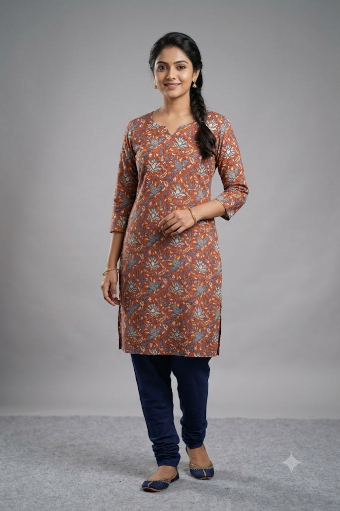 Soft Cotton Floral Printed Dress Material Top Fabric | Rust Red & Blue | 44" Width | 2.5 Meter