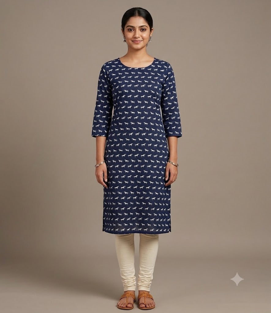 Navy Blue Horse Print Soft Cotton Top Material – 44" Width | 2.5 Meter Fabric
