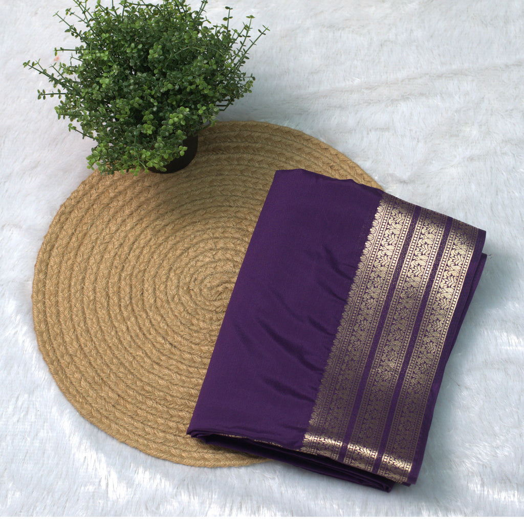 Purple Viscose Georgette Saree with Gold Border & Blouse Piece