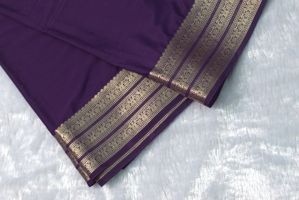 Purple Viscose Georgette Saree with Gold Border & Blouse Piece