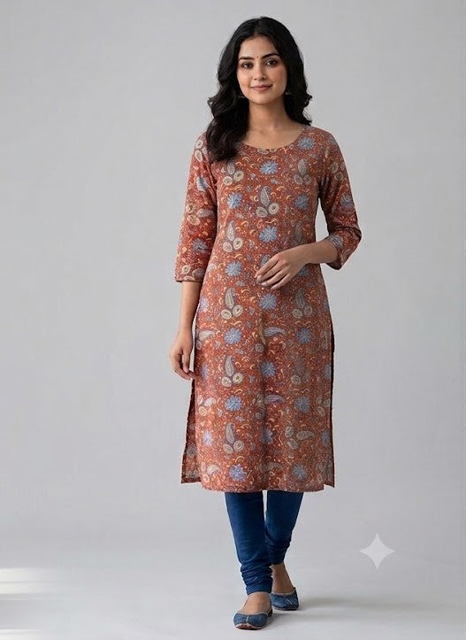 Soft Cotton Dress Material Top Fabric – Rust Red Paisley & Floral Print | 44" Width | 2.5 Meter