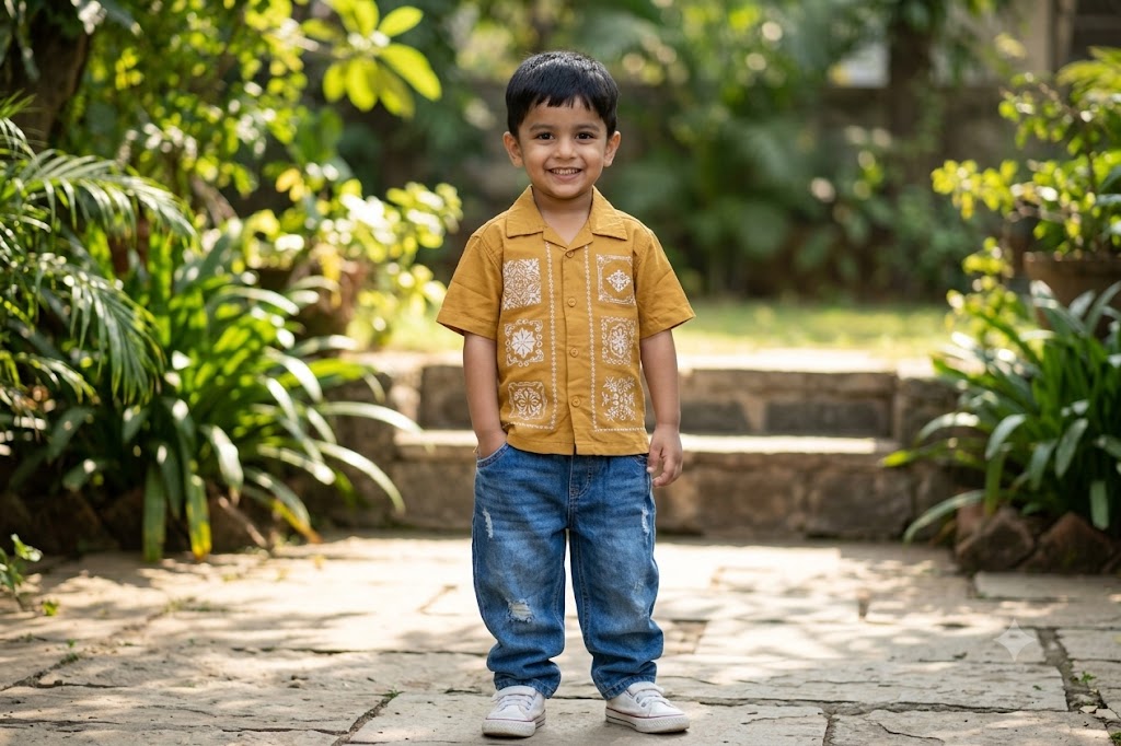 Boys Mustard Yellow Cuban Collar Shirt with White Bandana Motif Print