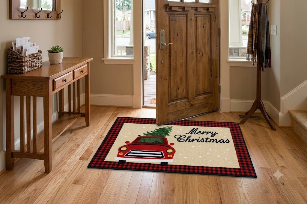 Merry Christmas Red Truck Floor Mat – 70 x 40 cm | Christmas Tree Holiday Door Mat