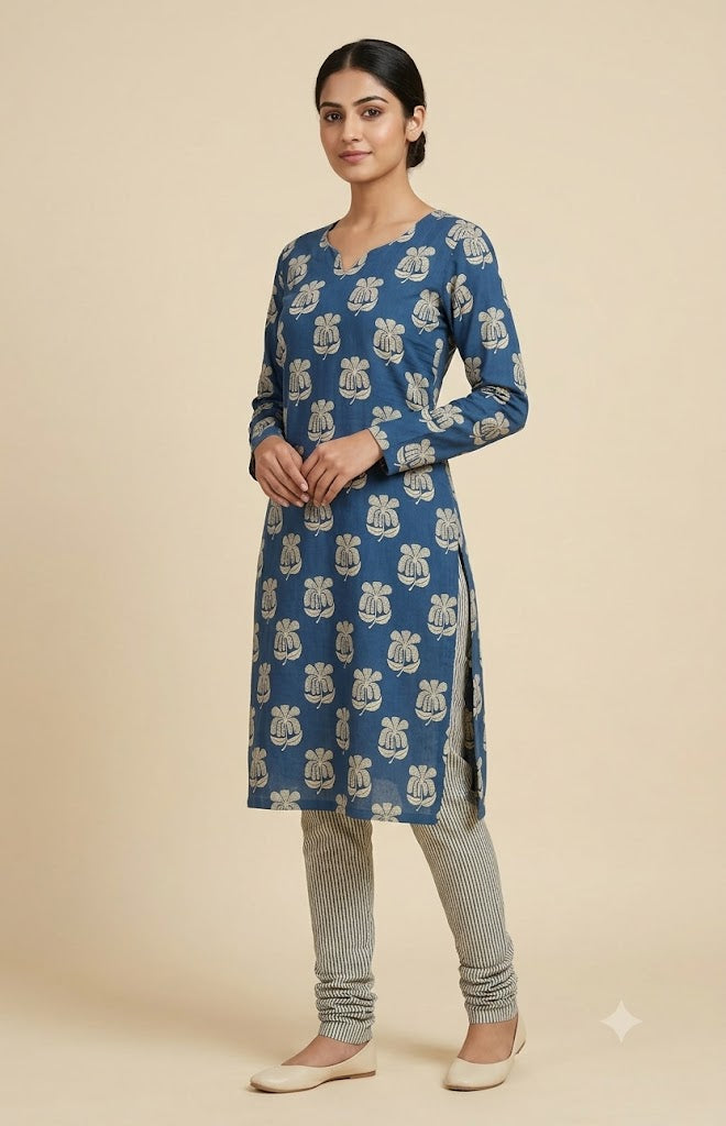 Soft Cotton Blue Floral Print Dress Material Set with Striped Bottom | Top 2.5m & Bottom 2m