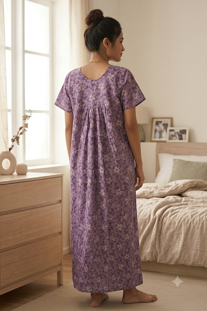 Women’s Purple Floral Printed Cotton Full Length Nighty | Short Sleeve Nightgown