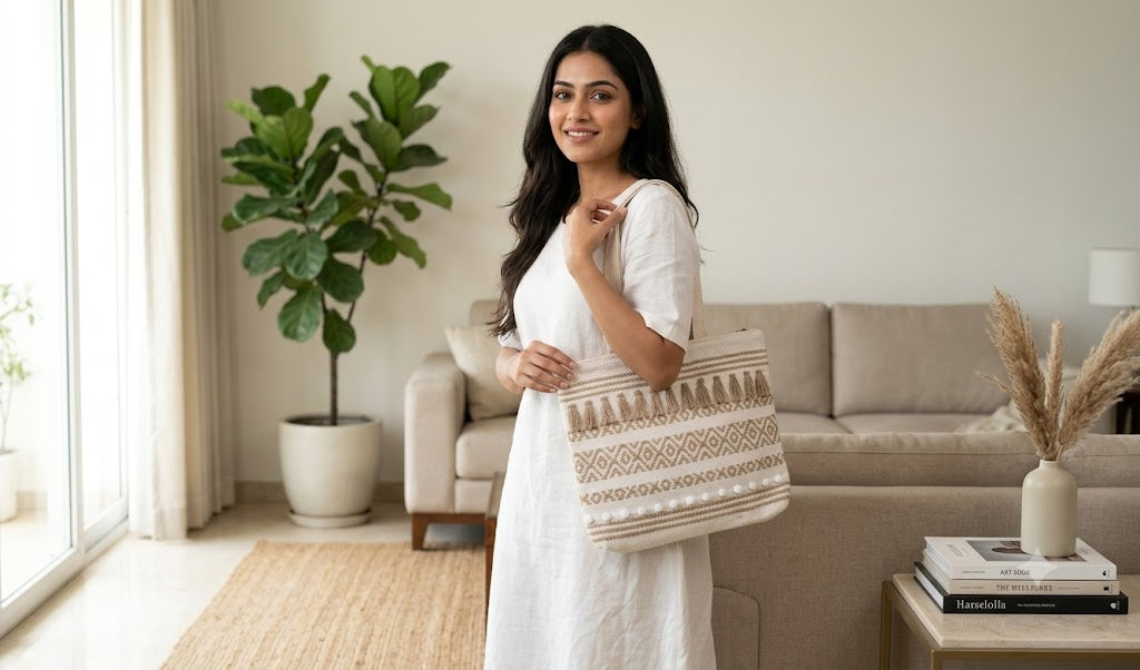 Off-White & Beige Jute Cotton Blend Shoulder Bag with Tassel Detailing – Nushio by Pulpel