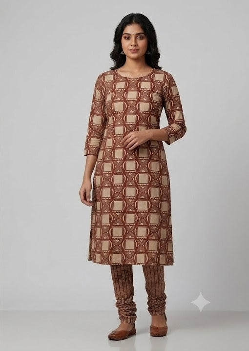 Rust Brown Geometric Print Soft Cotton Dress Material Set (Top & Bottom)