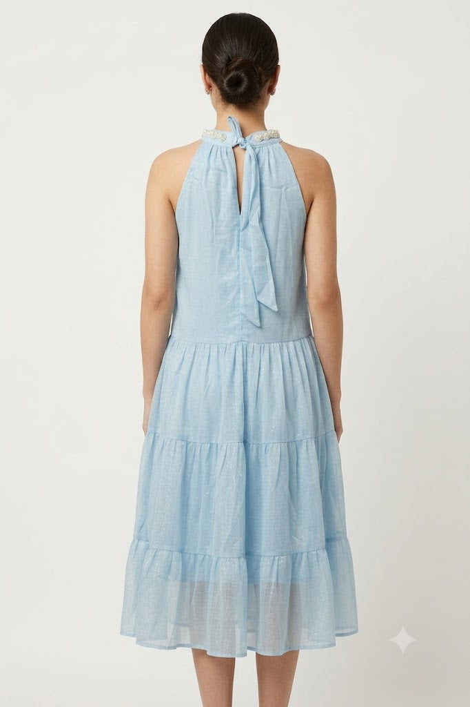 Imported Free Size Shimmer Tiered Midi Frock with Pearl Embellished Halter Neck – Sky Blue