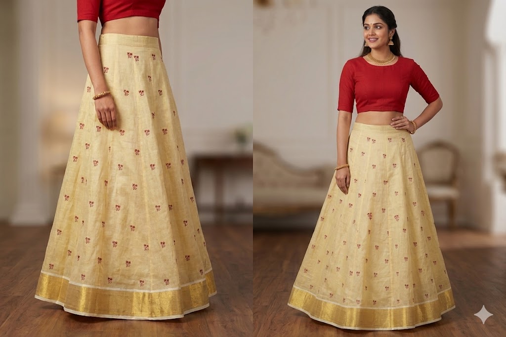Cream Tissue Dress Material Set with Delicate Floral Butta Design – Saree 5.5M, Top 2.5M & Skirt 4M