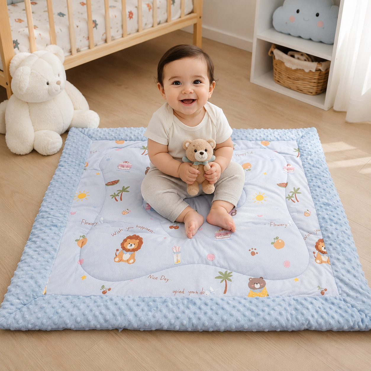 95 x 95 cm Ultra Soft Baby Minky Square Blanket – Plush Double Layer Receiving & Swaddle Blanket | Baby Blue Teddy Print