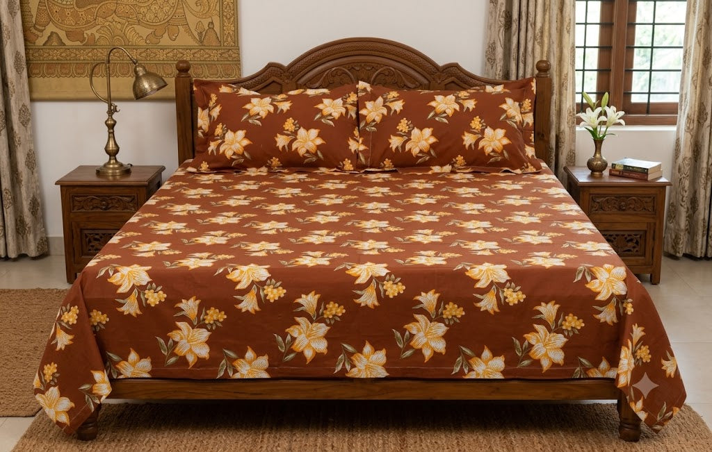 Rust Brown Floral Print Queen Size Cotton Blend Bedsheet with 2 Pillow Covers (90x100 inches)