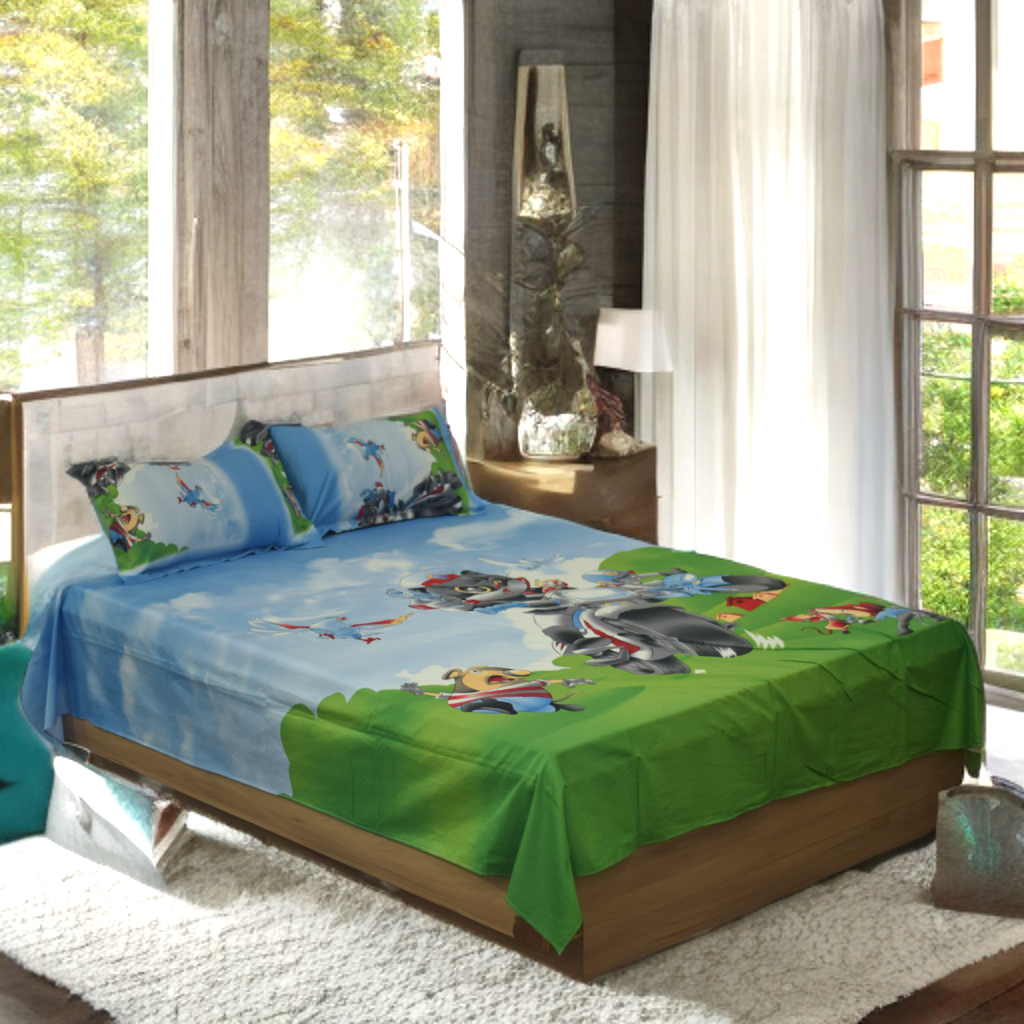 Kids Cartoon Adventure Printed Queen Size Bedsheet with 2 Pillow Covers - Main Product Image - Printed - Nushio