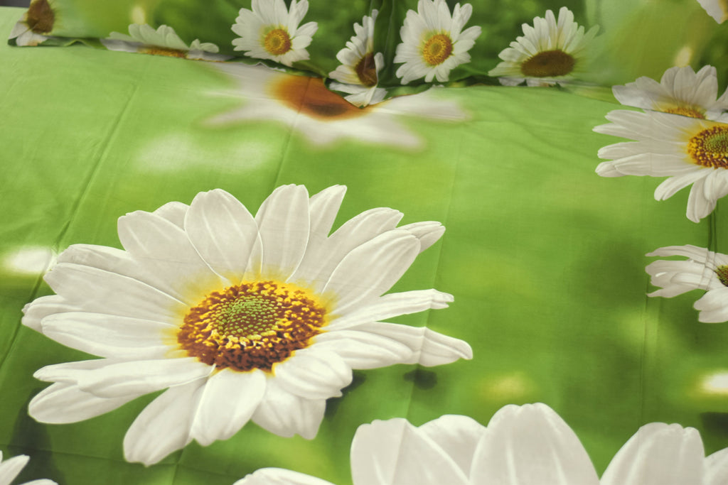 Fresh Green Daisy Floral Queen Bed Sheet & Pillow Cover Set - View 2 - Floral - Nushio