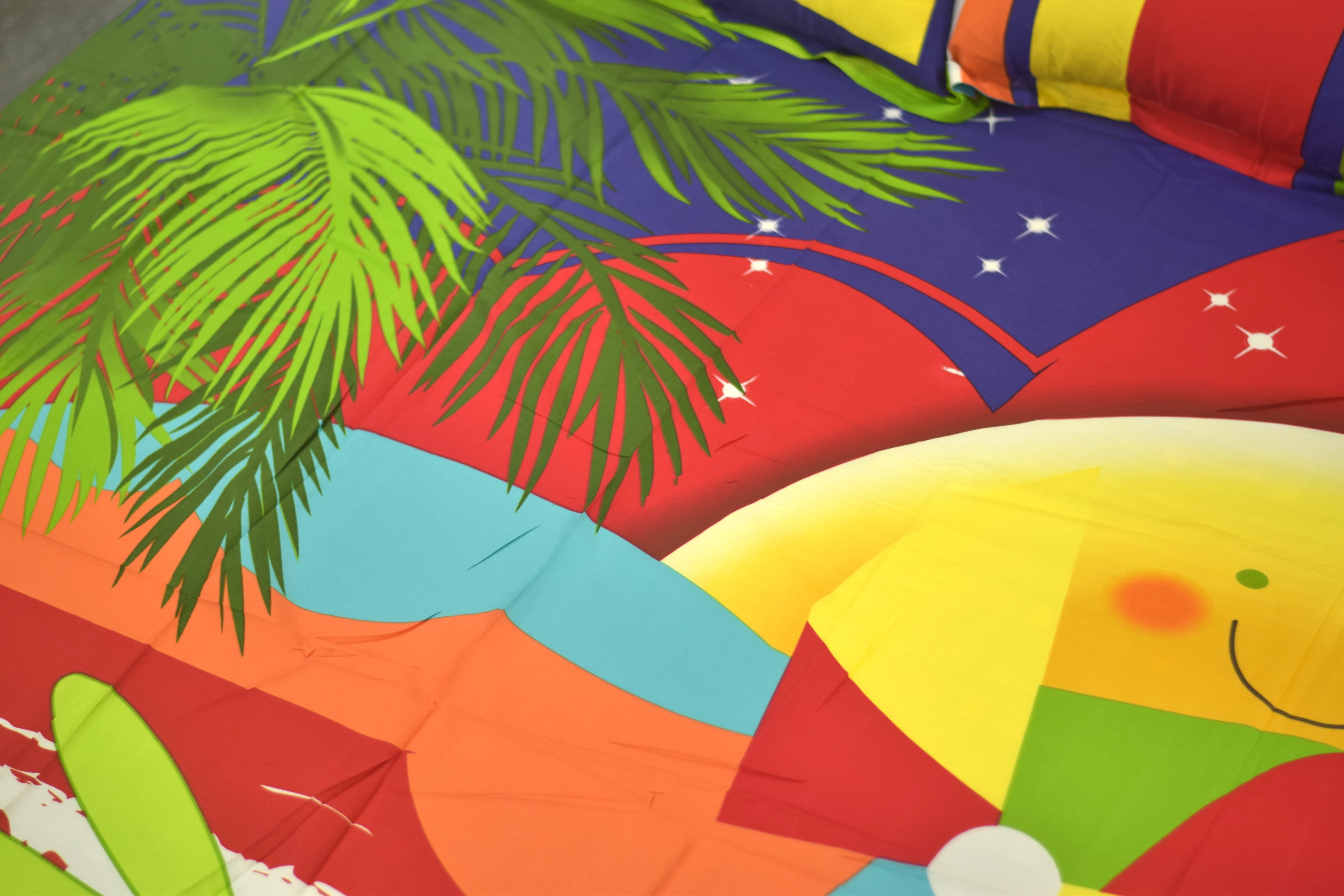 Vibrant Cartoon Beach Theme Queen Size Bedsheet with Pillow Covers