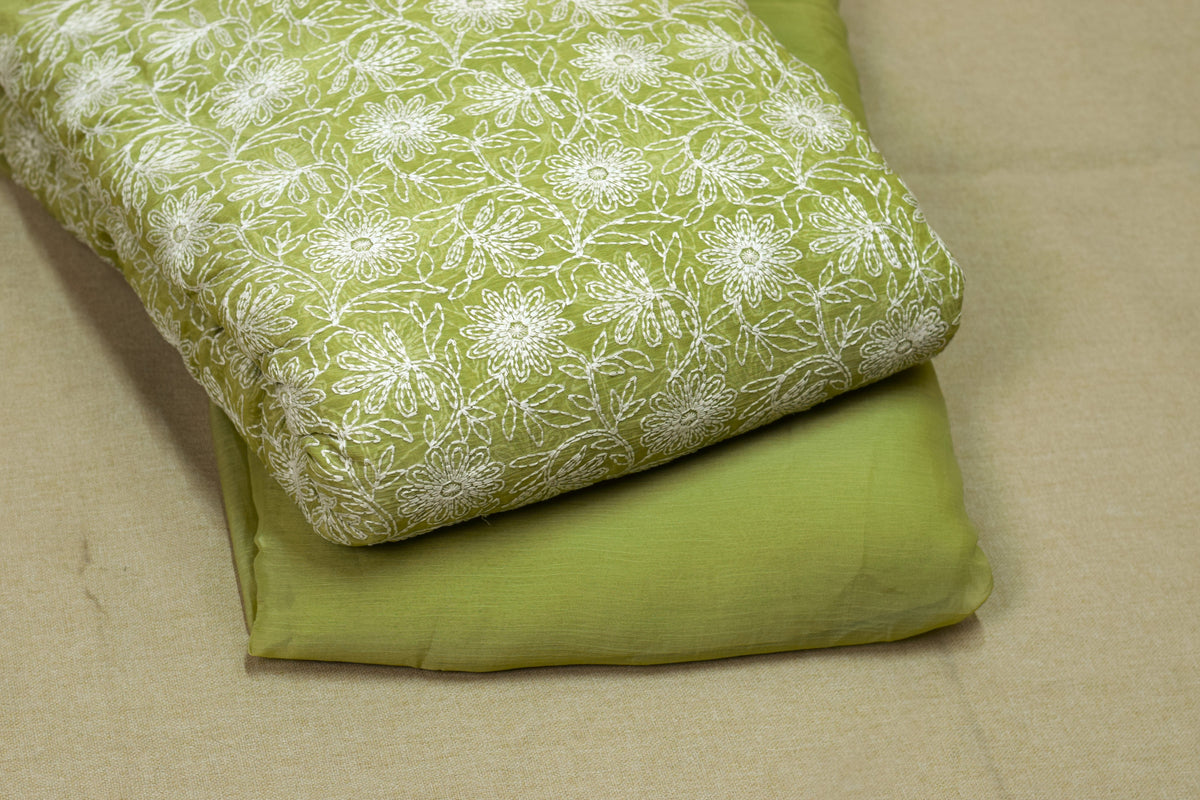 Green Mul Chiffon  Floral Embroidery Dress Material Set – Top & Bottom material  | 44 Inch Width